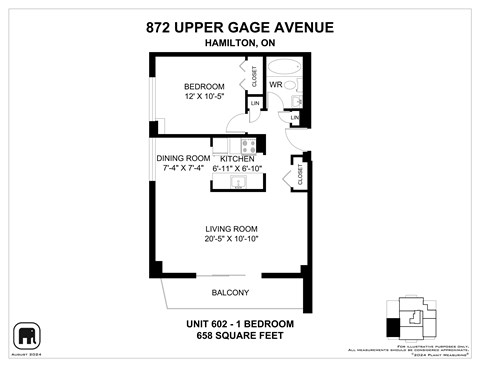 Floor plan for 1 bed, 1 bath, 658 sqft